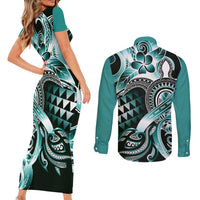Aloha Turquoise Tribal Honu Tattoo Couples Matching Short Sleeve Bodycon Dress and Long Sleeve Button Shirt
