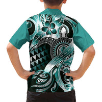 Aloha Turquoise Tribal Honu Tattoo Family Matching Off Shoulder Short Dress and Hawaiian Shirt