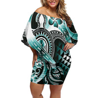 Aloha Turquoise Tribal Honu Tattoo Family Matching Off Shoulder Short Dress and Hawaiian Shirt