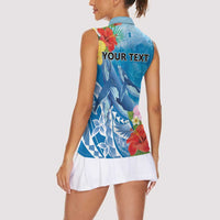 Personalised Kosrae States Humpback Whale Women Sleeveless Polo Shirt Polynesian Tropical Flowers