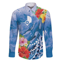 Personalised Yap States Humpback Whale Family Matching Short Sleeve Bodycon Dress and Hawaiian Shirt Polynesian Tropical Flowers