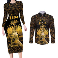 Haitian Negre Marron 1804 Couples Matching Long Sleeve Bodycon Dress and Long Sleeve Button Shirt Gold Polynesian Pattern