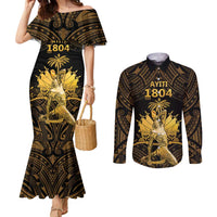 Haitian Negre Marron 1804 Couples Matching Mermaid Dress and Long Sleeve Button Shirt Gold Polynesian Pattern