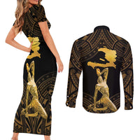 Haitian Negre Marron 1804 Couples Matching Short Sleeve Bodycon Dress and Long Sleeve Button Shirt Gold Polynesian Pattern