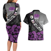 Personalised Remembering ANZAC Lest We Forget Couples Matching Long Sleeve Bodycon Dress and Hawaiian Shirt Vintage Film Frame Memorial Purple Poppy