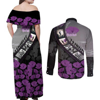 Personalised Remembering ANZAC Lest We Forget Couples Matching Off Shoulder Maxi Dress and Long Sleeve Button Shirt Vintage Film Frame Memorial Purple Poppy LT9 - Polynesian Pride