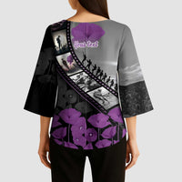 Personalised Remembering ANZAC Lest We Forget Kimono Sleeve Blouse Vintage Film Frame Memorial Purple Poppy