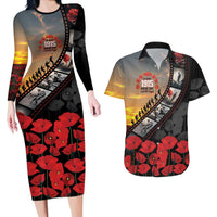 Personalised Remembering ANZAC Lest We Forget Couples Matching Long Sleeve Bodycon Dress and Hawaiian Shirt Vintage Film Frame Memorial Red Poppy