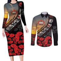 Personalised Remembering ANZAC Lest We Forget Couples Matching Long Sleeve Bodycon Dress and Long Sleeve Button Shirt Vintage Film Frame Memorial Red Poppy LT9 Red - Polynesian Pride