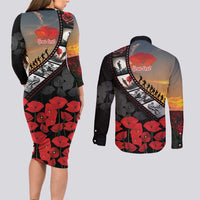Personalised Remembering ANZAC Lest We Forget Couples Matching Long Sleeve Bodycon Dress and Long Sleeve Button Shirt Vintage Film Frame Memorial Red Poppy LT9 - Polynesian Pride