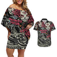 Personalized Japanese Kitsune Mask Couples Matching Off Shoulder Short Dress and Hawaiian Shirt With Polynesian Arty Style