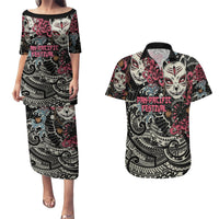 Personalized Japanese Kitsune Mask Couples Matching Puletasi and Hawaiian Shirt With Polynesian Arty Style