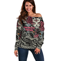 Personalized Japanese Kitsune Mask Off Shoulder Sweater With Polynesian Arty Style