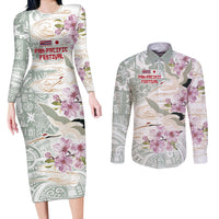 Personalized Japanese Shirasagi Bird Couples Matching Long Sleeve Bodycon Dress and Long Sleeve Button Shirt Sakura and Hibiscus Polynesian Pattern LT9 White - Polynesian Pride