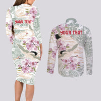 Personalized Japanese Shirasagi Bird Couples Matching Long Sleeve Bodycon Dress and Long Sleeve Button Shirt Sakura and Hibiscus Polynesian Pattern LT9 - Polynesian Pride