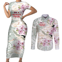 Personalized Japanese Shirasagi Bird Couples Matching Short Sleeve Bodycon Dress and Long Sleeve Button Shirt Sakura and Hibiscus Polynesian Pattern LT9 White - Polynesian Pride