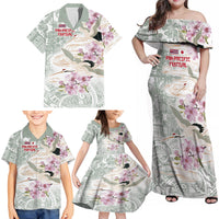 Personalized Japanese Shirasagi Bird Family Matching Off Shoulder Maxi Dress and Hawaiian Shirt Sakura and Hibiscus Polynesian Pattern LT9 - Polynesian Pride