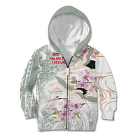 Personalized Japanese Shirasagi Bird Kid Hoodie Sakura and Hibiscus Polynesian Pattern