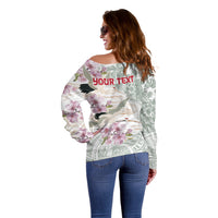 Personalized Japanese Shirasagi Bird Off Shoulder Sweater Sakura and Hibiscus Polynesian Pattern