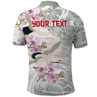 Personalized Japanese Shirasagi Bird Polo Shirt Sakura and Hibiscus Polynesian Pattern