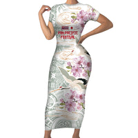 Personalized Japanese Shirasagi Bird Short Sleeve Bodycon Dress Sakura and Hibiscus Polynesian Pattern