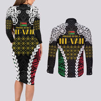 Halo Vanuatu Pride Couples Matching Long Sleeve Bodycon Dress and Long Sleeve Button Shirt Vanuatuan Sand Drawing Pattern