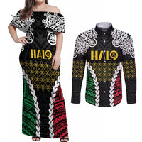 Halo Vanuatu Pride Couples Matching Off Shoulder Maxi Dress and Long Sleeve Button Shirt Vanuatuan Sand Drawing Pattern