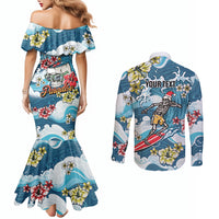 Hawaii Santa Skeleton Surfing Personalized Couples Matching Mermaid Dress and Long Sleeve Button Shirt Mele Kalikimaka i Iulai! LT9 - Polynesian Pride