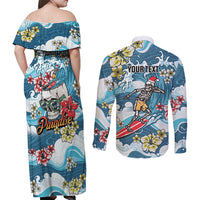 Hawaii Santa Skeleton Surfing Personalized Couples Matching Off Shoulder Maxi Dress and Long Sleeve Button Shirt Mele Kalikimaka i Iulai! LT9 - Polynesian Pride