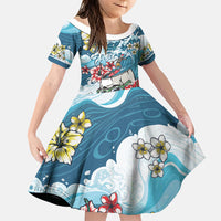 Hawaii Santa Skeleton Surfing Personalized Family Matching Long Sleeve Bodycon Dress and Hawaiian Shirt Mele Kalikimaka i Iulai! LT9 Daughter's Dress Blue - Polynesian Pride