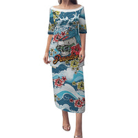 Hawaii Santa Skeleton Surfing Personalized Family Matching Puletasi and Hawaiian Shirt Mele Kalikimaka i Iulai! LT9 Mom's Dress Blue - Polynesian Pride