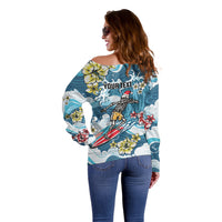 Hawaii Santa Skeleton Surfing Personalized Off Shoulder Sweater Mele Kalikimaka i Iulai!