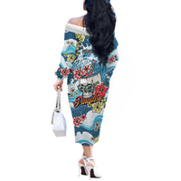 Hawaii Santa Skeleton Surfing Personalized Off The Shoulder Long Sleeve Dress Mele Kalikimaka i Iulai!