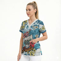 Hawaii Santa Skeleton Surfing Personalized Scrub Top Mele Kalikimaka i Iulai!