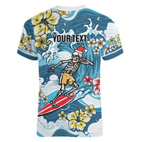 Hawaii Santa Skeleton Surfing Personalized Women V-Neck T-Shirt Mele Kalikimaka i Iulai! LT9 - Polynesian Pride