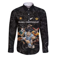 Custom Rugby Southern Hemisphere Family Matching Off The Shoulder Long Sleeve Dress and Hawaiian Shirt Argentina AUNZ South Africa Mascot Black - Polynesian Pride