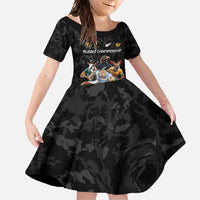 Custom Rugby Southern Hemisphere Family Matching Off Shoulder Maxi Dress and Hawaiian Shirt Argentina AUNZ South Africa Mascot Black LT9 Daughter's Dress Black - Polynesian Pride