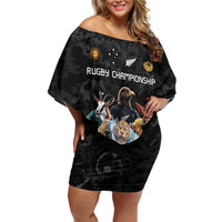 Custom Rugby Southern Hemisphere Family Matching Off Shoulder Short Dress and Hawaiian Shirt Argentina AUNZ South Africa Mascot Black - Polynesian Pride