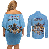 Custom Rugby Southern Hemisphere Couples Matching Off Shoulder Short Dress and Long Sleeve Button Shirt Argentina AUNZ South Africa Mascot Blue - Polynesian Pride
