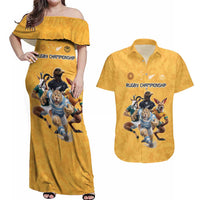 Custom Rugby Southern Hemisphere Couples Matching Off Shoulder Maxi Dress and Hawaiian Shirt Argentina AUNZ South Africa Mascot Gold - Polynesian Pride