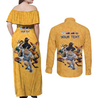Custom Rugby Southern Hemisphere Couples Matching Off Shoulder Maxi Dress and Long Sleeve Button Shirt Argentina AUNZ South Africa Mascot Gold - Polynesian Pride
