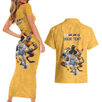 Custom Rugby Southern Hemisphere Couples Matching Short Sleeve Bodycon Dress and Hawaiian Shirt Argentina AUNZ South Africa Mascot Gold - Polynesian Pride