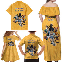 Custom Rugby Southern Hemisphere Family Matching Off Shoulder Maxi Dress and Hawaiian Shirt Argentina AUNZ South Africa Mascot Gold - Polynesian Pride
