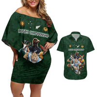 Custom Rugby Southern Hemisphere Couples Matching Off Shoulder Short Dress and Hawaiian Shirt Argentina AUNZ South Africa Mascot Green - Polynesian Pride