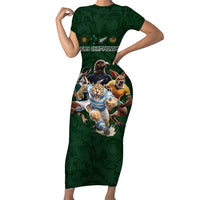Custom Rugby Southern Hemisphere Family Matching Short Sleeve Bodycon Dress and Hawaiian Shirt Argentina AUNZ South Africa Mascot Green - Polynesian Pride