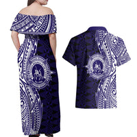 Tonga Queen Salote College 100th Years Couples Matching Off Shoulder Maxi Dress and Hawaiian Shirt Blue Tonga Kupesi Uniquely Pacific Art - Polynesian Pride