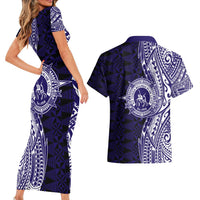 Tonga Queen Salote College 100th Years Couples Matching Short Sleeve Bodycon Dress and Hawaiian Shirt Blue Tonga Kupesi Uniquely Pacific Art - Polynesian Pride