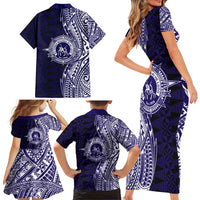 Tonga Queen Salote College 100th Years Family Matching Short Sleeve Bodycon Dress and Hawaiian Shirt Blue Tonga Kupesi Uniquely Pacific Art LT9 - Polynesian Pride