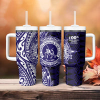 Tonga Queen Salote College 100th Years Tumbler With Handle Blue Tonga Kupesi Uniquely Pacific Art - Polynesian Pride
