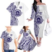 Tonga Queen Salote College 100th Years Family Matching Off The Shoulder Long Sleeve Dress and Hawaiian Shirt White Tonga Kupesi Uniquely Pacific Art - Polynesian Pride